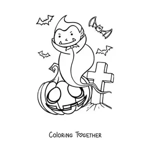 Coloring page of a cartoon vampire with a Halloween pumpkin