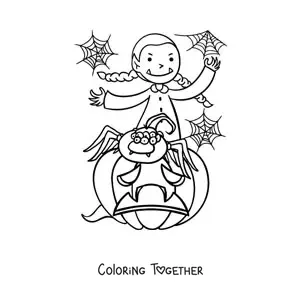 Coloring page of a vampire girl with a spider and a Halloween pumpkin