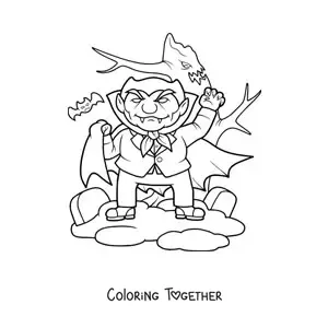 Coloring page of a cartoon vampire on Halloween with bats