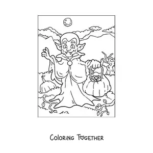 Coloring page of a cartoon of a vampire with a Halloween pumpkin