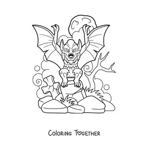 Coloring page of a scary vampire bat