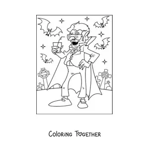Coloring page of a cartoon vampire with bats and sunglasses in a cemetery