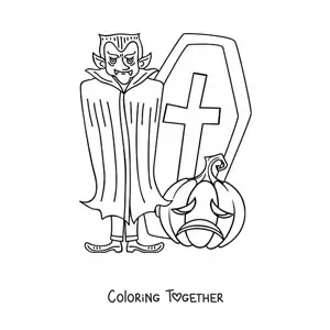 Coloring page of Count Dracula with a grave and a Halloween pumpkin