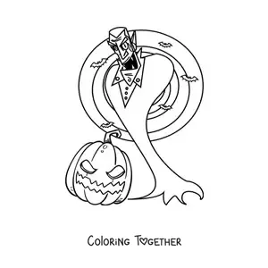 Coloring page of Count Dracula with bats and a Halloween pumpkin
