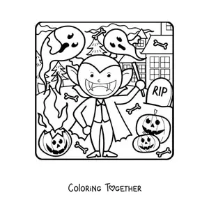 Coloring page of a kawaii vampire on Halloween with ghosts and pumpkins