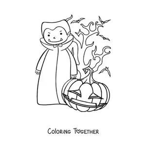 Coloring page of a vampire with a Halloween pumpkin