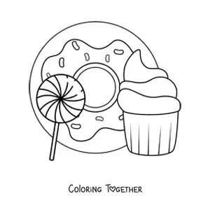 Coloring page of a donut next to a cupcake and a popsicle