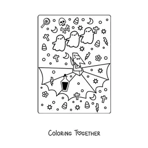 Coloring page of a vampire with kawaii ghosts on Halloween