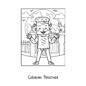 Coloring page of a cartoon Frankenstein on Halloween night