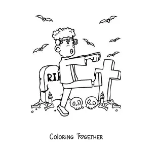 Coloring page of a cartoon Frankenstein walking in a cemetery on Halloween