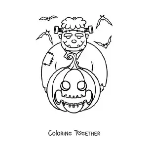 Coloring page of a big cartoon Frankenstein with a Halloween pumpkin