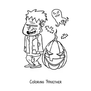 Coloring page of a big cartoon Frankenstein with ghosts and a Halloween pumpkin