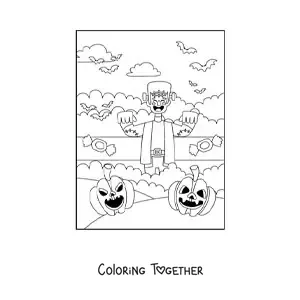 Coloring page of a kawaii cartoon Frankenstein with bats and a Halloween pumpkin