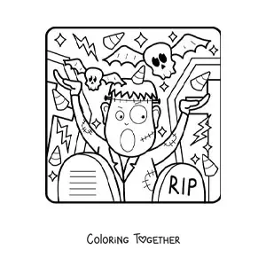 Coloring page of a cartoon Frankenstein with a skull and Halloween candy