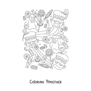 Coloring page of a Frankenstein face with ghosts and Halloween candy