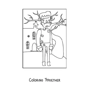 Coloring page of Frankenstein in front of a haunted house