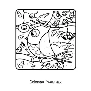 Coloring page of an owl with horror spiders