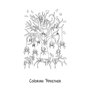 Coloring page of a tree with horror spiders