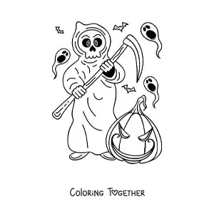 Coloring page of Death with a scary Halloween pumpkin