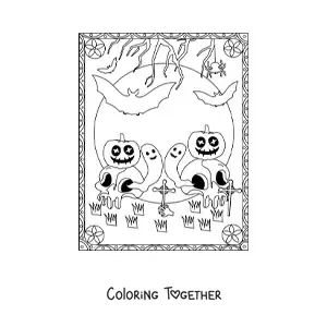 Coloring page of scary Halloween pumpkins with skulls and ghosts