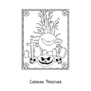 Coloring page of a scary Halloween pumpkin with graves and bats