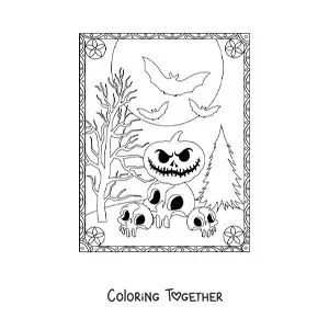 Coloring page of scary Halloween pumpkins with skulls and bats