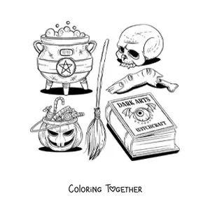 Coloring page of horror witchcraft elements