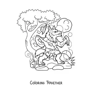 Coloring page of a cartoon werewolf transforming