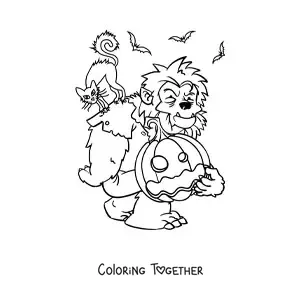 Coloring page of a werewolf with a Halloween pumpkin
