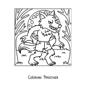Coloring page of a werewolf with the full moon