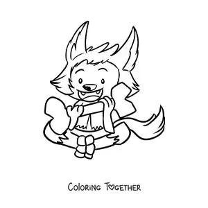 Coloring page of a kawaii werewolf with a bone