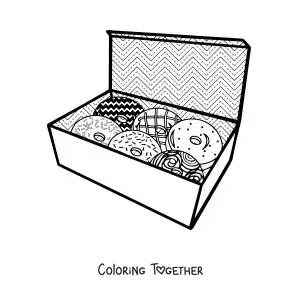 Coloring page of a box of several donuts