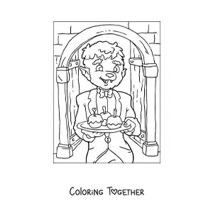 Coloring page of a cartoon werewolf with Halloween candy