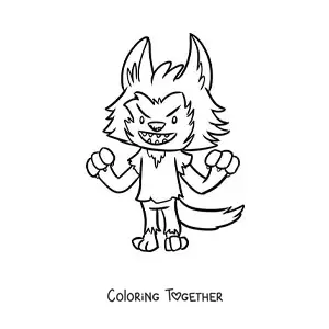 Coloring page of a kawaii werewolf scaring someone