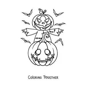 Coloring page of a scarecrow with a Halloween pumpkin and bats