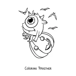 Coloring page of a kawaii one-eyed Halloween monster with a pumpkin