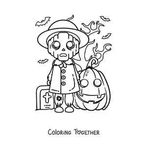 Coloring page of a scary Halloween monster with a pumpkin and bats