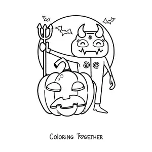 Coloring page of a scary Halloween devil with a pumpkin and bats