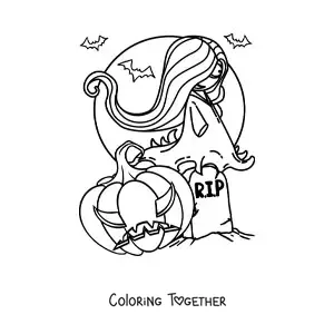 Coloring page of a scary Halloween ghost with a pumpkin and bats