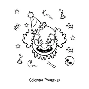 Coloring page of a scary Halloween clown face