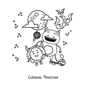 Coloring page of funny Halloween monsters dancing