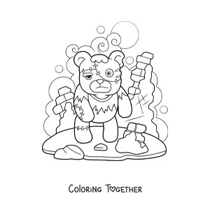 Coloring page of a horror teddy bear for Halloween
