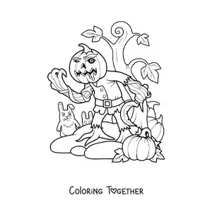 Coloring page of a scary pumpkin monster for Halloween
