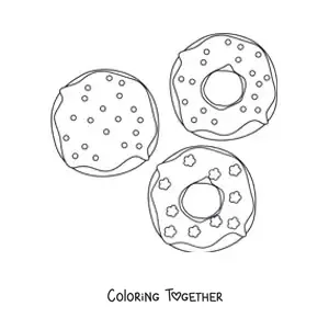 Coloring page of three donuts in different flavors
