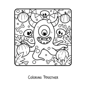 Coloring page of a Halloween monster with tentacles