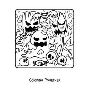 Coloring page of a Halloween ghost and trees