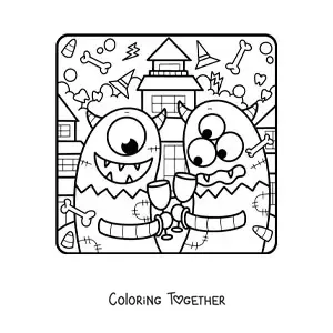 Coloring page of cartoon monsters at a Halloween party