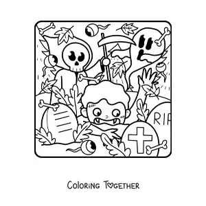 Coloring page of Death with a ghost and a zombie scaring a child on Halloween