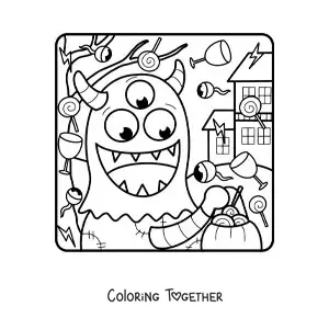 Coloring page of a cartoon monster with Halloween candy