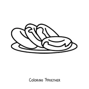 Coloring page of four glazed donuts on a plate